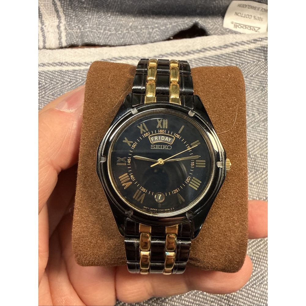 Seiko Watch Men 35mm Black Dial Black & Gold Tone Daydate V733-6C49 New Battery